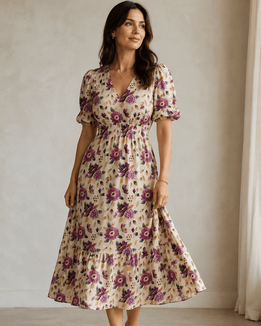 Image of linen with viscose, autumn floral watercolor – available online at Charlotte's Fabrics