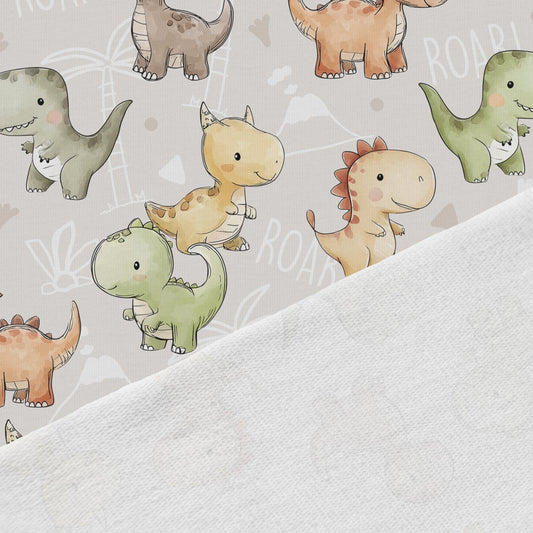 Medvilninis kilpinis trikotažas – draugiški dinozauriukai 250 g/m²