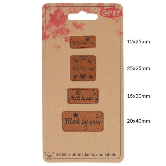 Opry mākslīgās ādas etiķetes – "Made by oma"