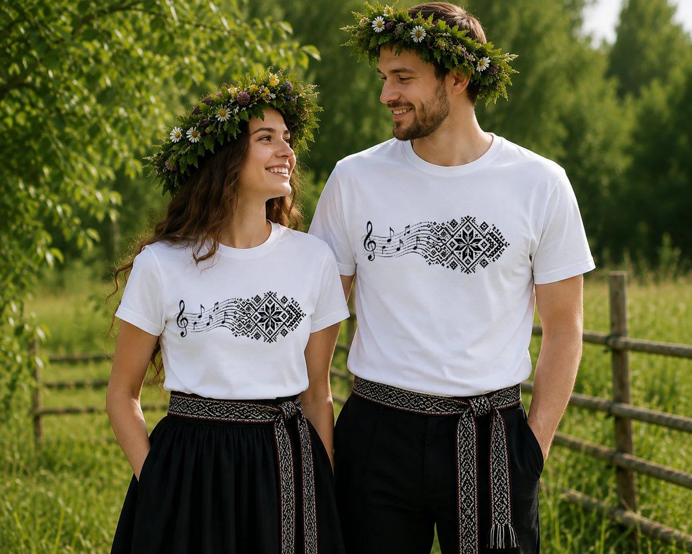 Image of an organic cotton T-shirt, "sheet music and Latvian pattern design" – available at Šarlotes audumi
