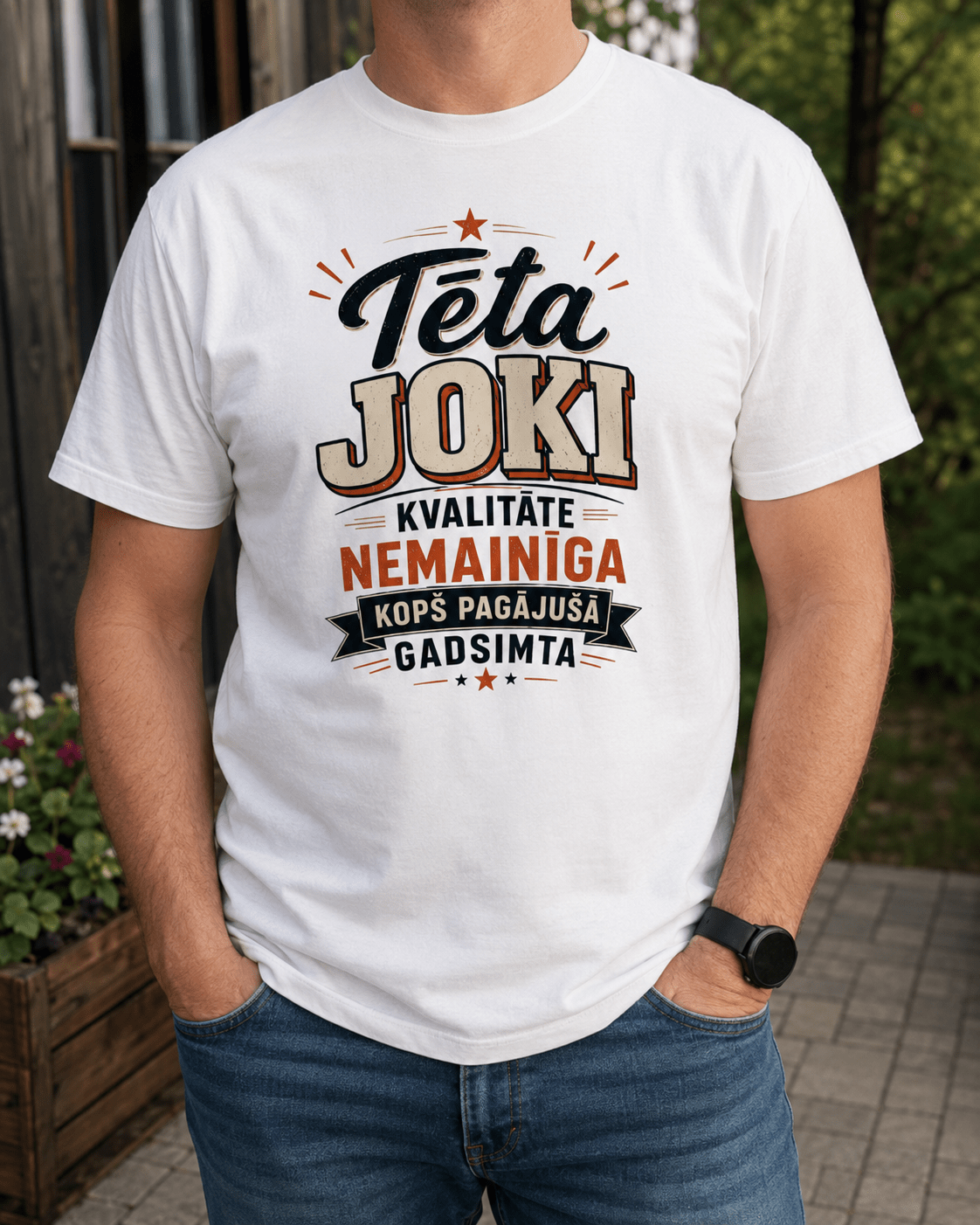 Nuotrauka su ekologiškos medvilnės marškinėliais „Tėčio pokštai“ – galima įsigyti internetu Šarlotes audumi