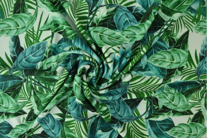 Peldkostīmu likras audums - tropu lapas 220 g/m²