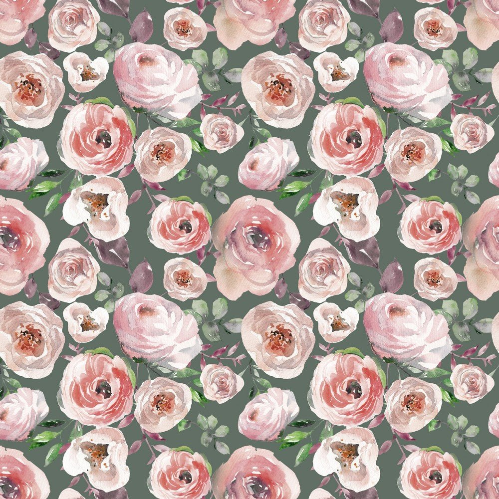 Plānā kokvilnas trikotāža-rozes uz zaļa fona 200 g/m²