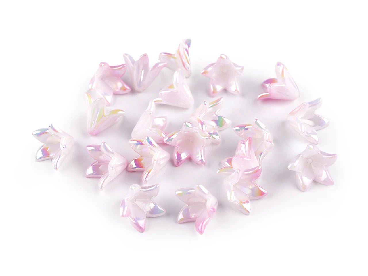 Image of plastic flower-shaped beads with a pearlescent effect, 12×16 mm, 20 pcs. – available at Šarlotes audumi