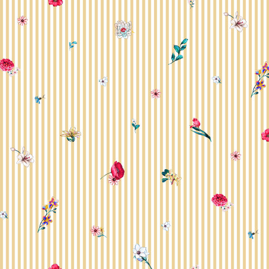 Premium 100% kokvilnas audums - dzeltenas līnijas un ziedi 115 g/m²