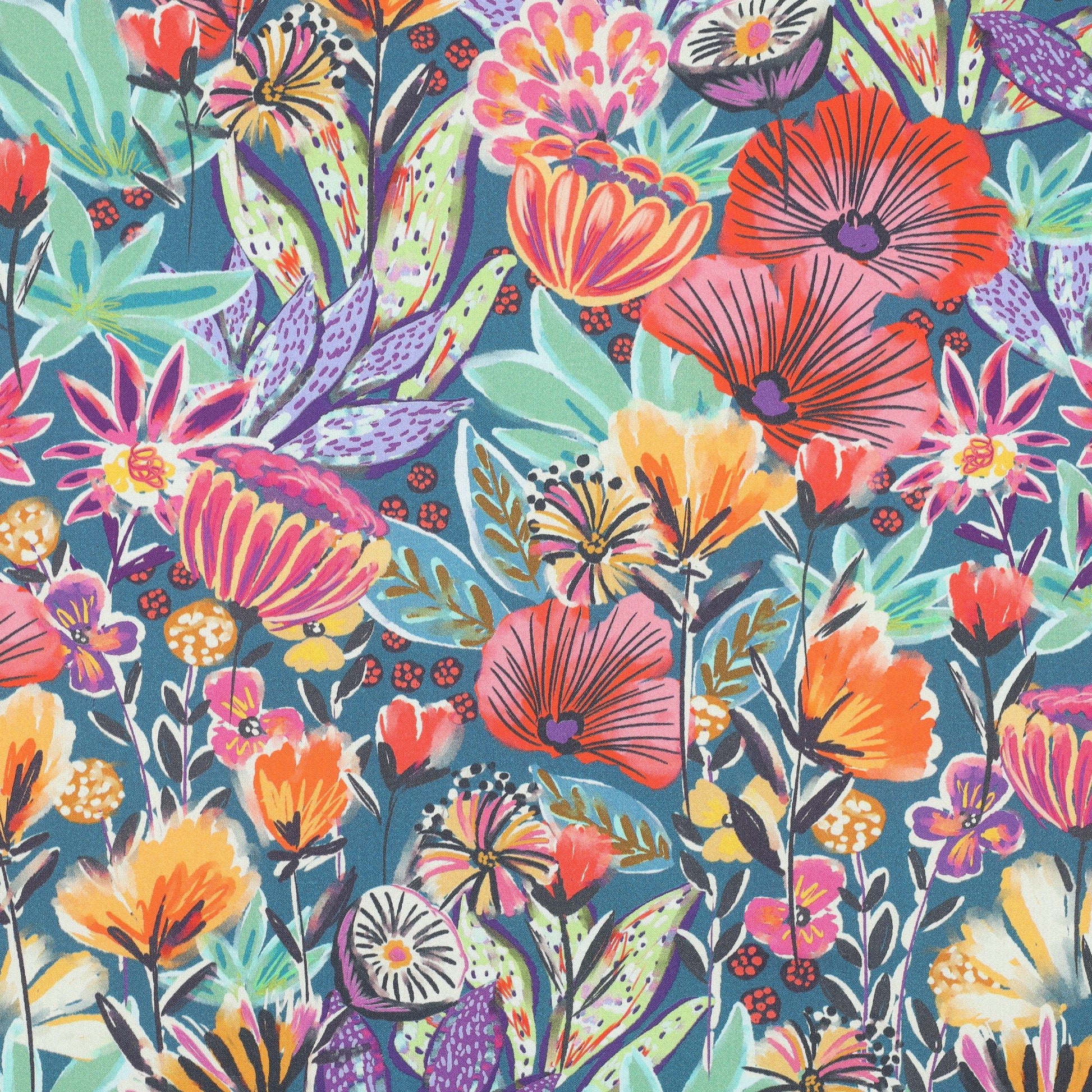 Premium 100% kokvilnas audums - košs ziedu motīvs 115 g/m²