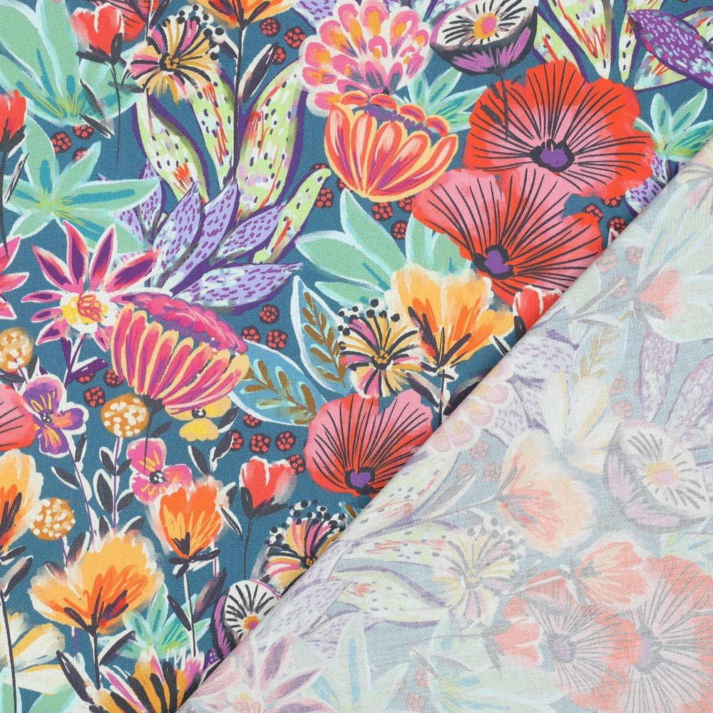 Premium 100% kokvilnas audums - košs ziedu motīvs 115 g/m²