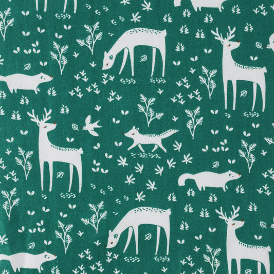 Premium 100% kokvilnas audums - meža zvÄri uz tumÅ”i zaļa fona 115 g/m²