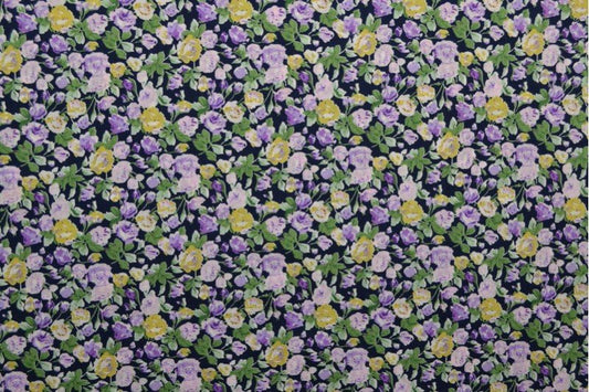 Premium 100% kokvilnas audums - violeti un dzelteni ziedi 110 g/m²