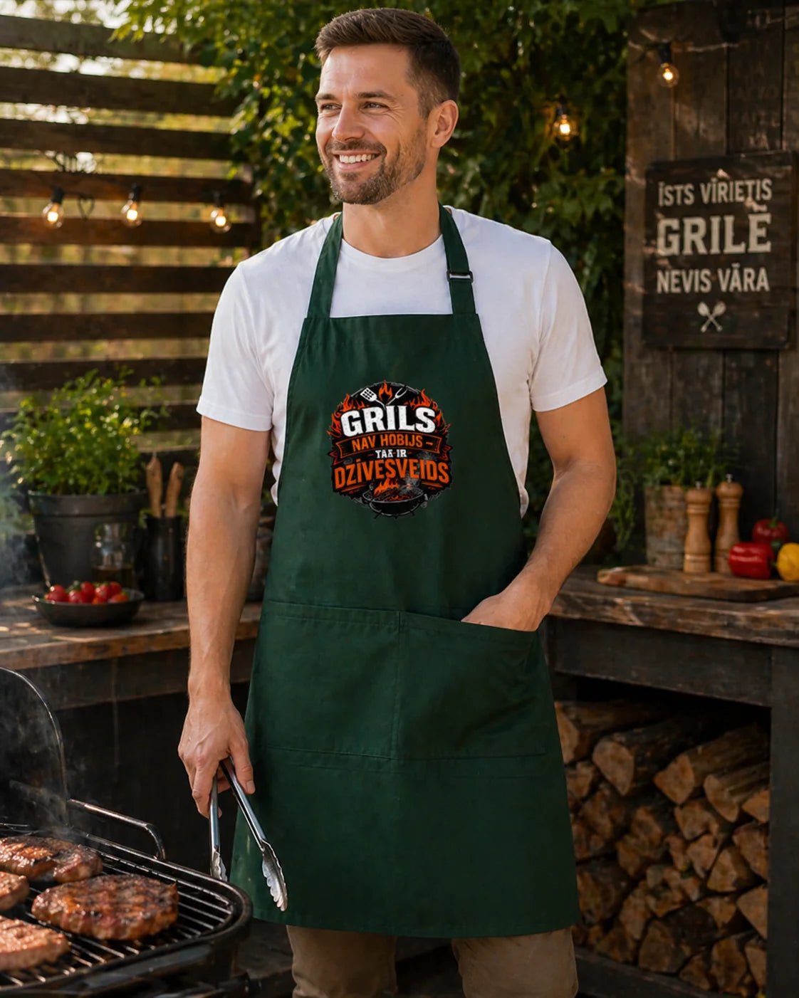 Image avec un tablier vert foncé « Le grill est un mode de vie » – disponible chez Šarlotes audumi