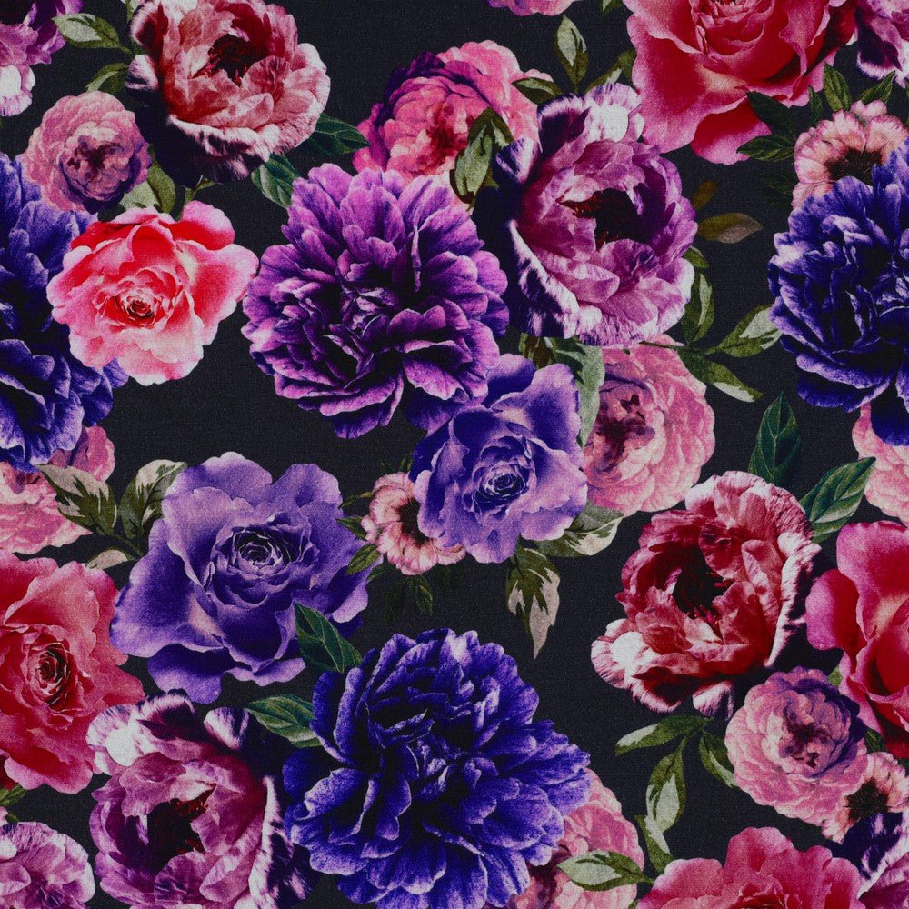 Punta di Roma trikotāžas audums - lillā un rozā ziedi 280 g/m²