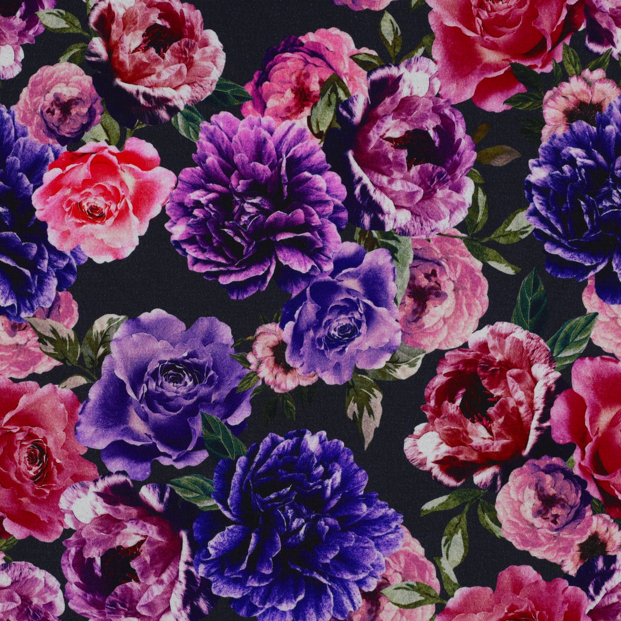 Punta di Roma trikotāžas audums - lillā un rozā ziedi 280 g/m²