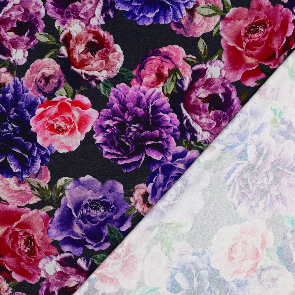 Punta di Roma trikotāžas audums - lillā un rozā ziedi 280 g/m²