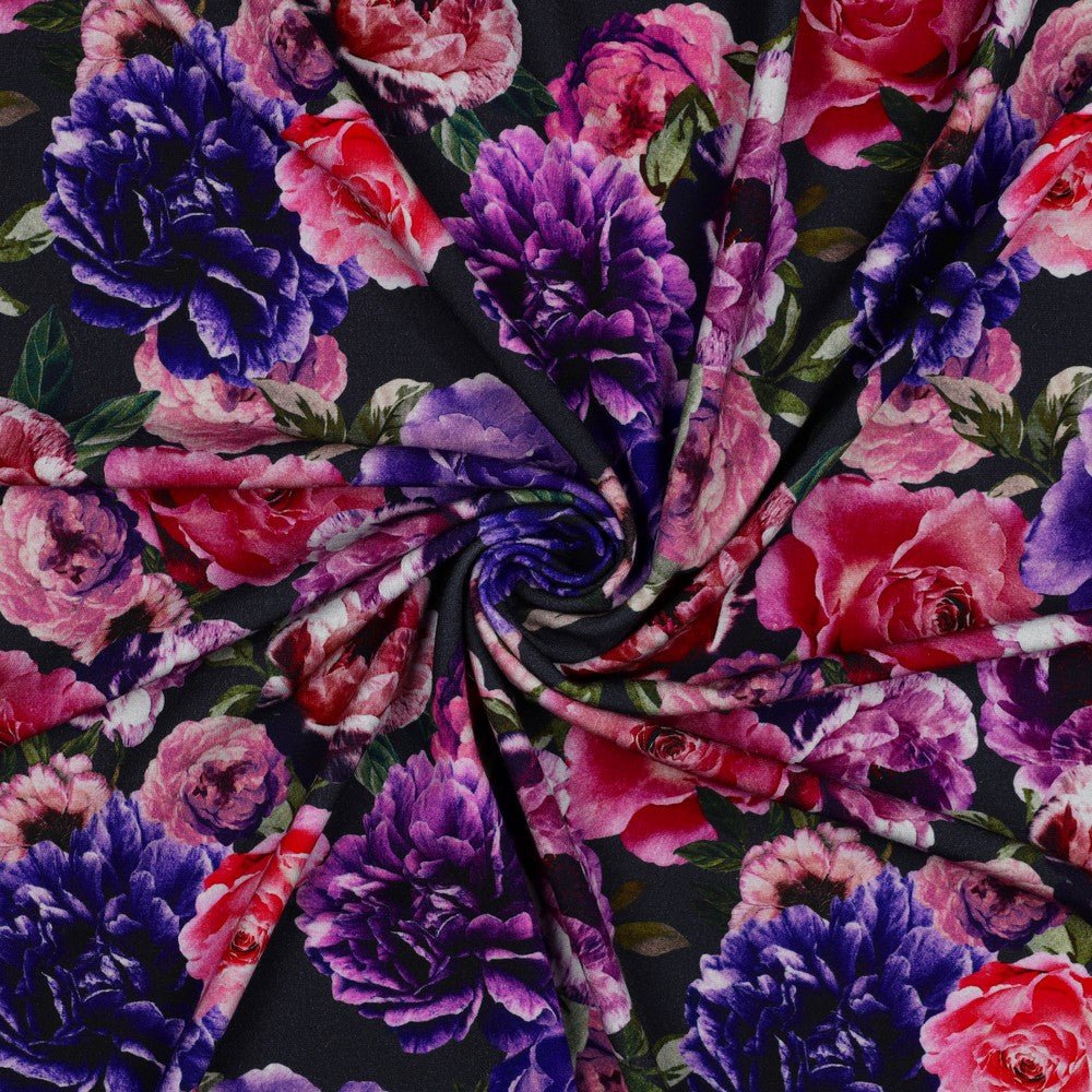 Punta di Roma trikotāžas audums - lillā un rozā ziedi 280 g/m²
