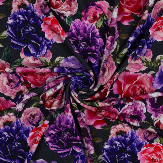 Punta di Roma trikotāžas audums - lillā un rozā ziedi 280 g/m²