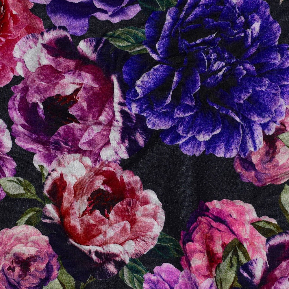 Punta di Roma trikotāžas audums - lillā un rozā ziedi 280 g/m²