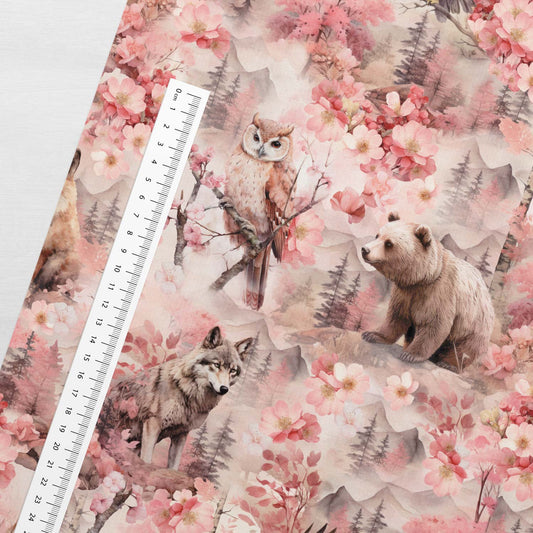 Medvilninis kilpinis trikotažas – rausva miško pasaka 250 g/m²