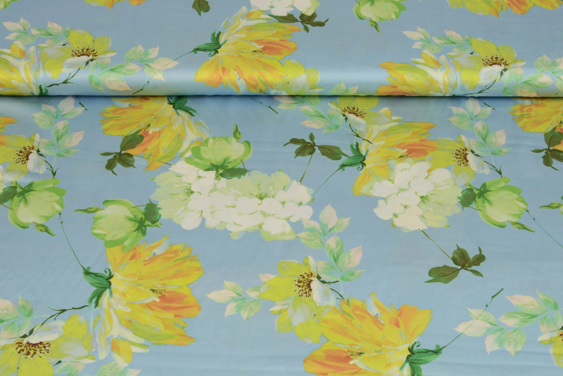 Satīns ar elastānu - dzelteni ziedi uz zila fona 80 g/m²