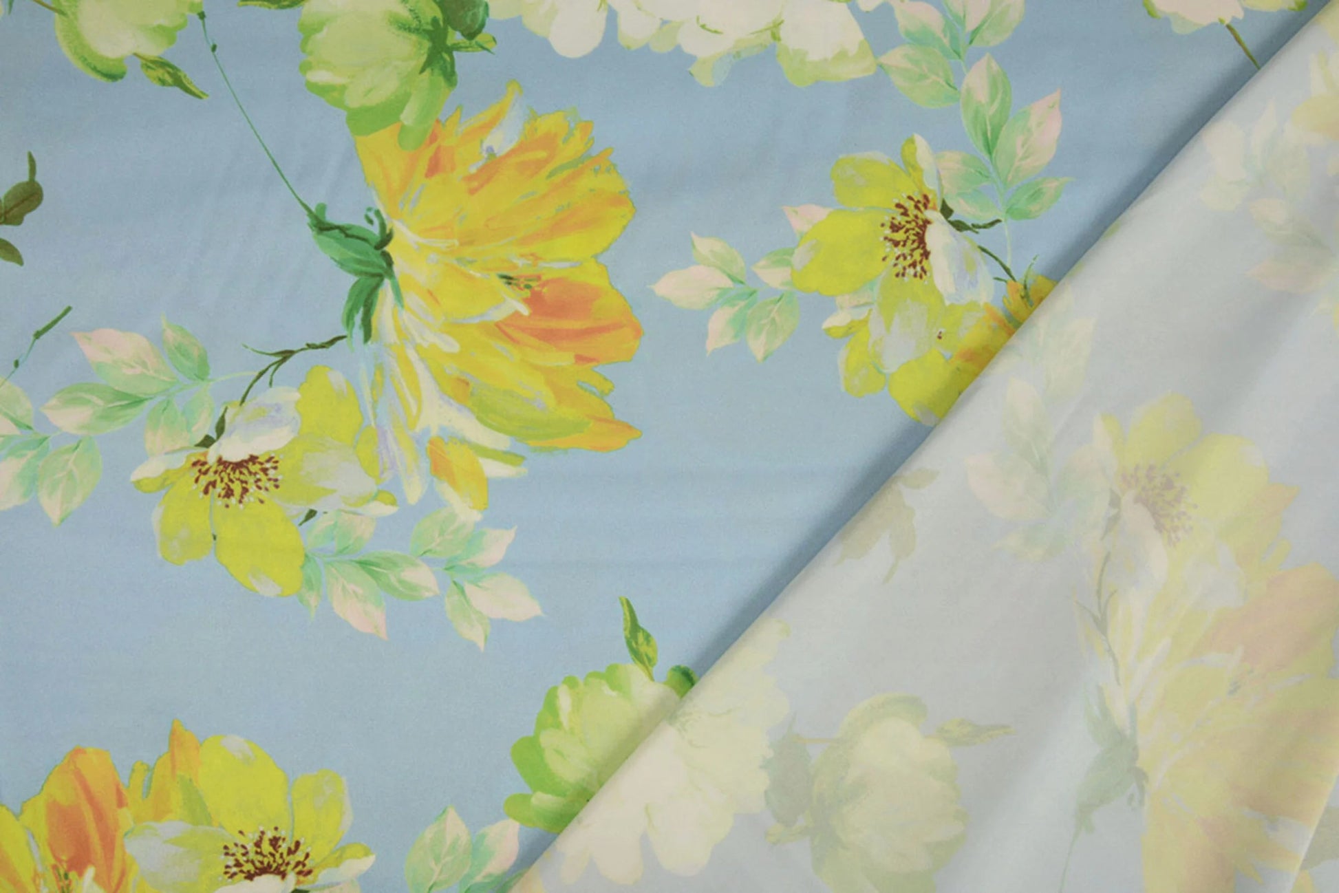 Satīns ar elastānu - dzelteni ziedi uz zila fona 80 g/m²