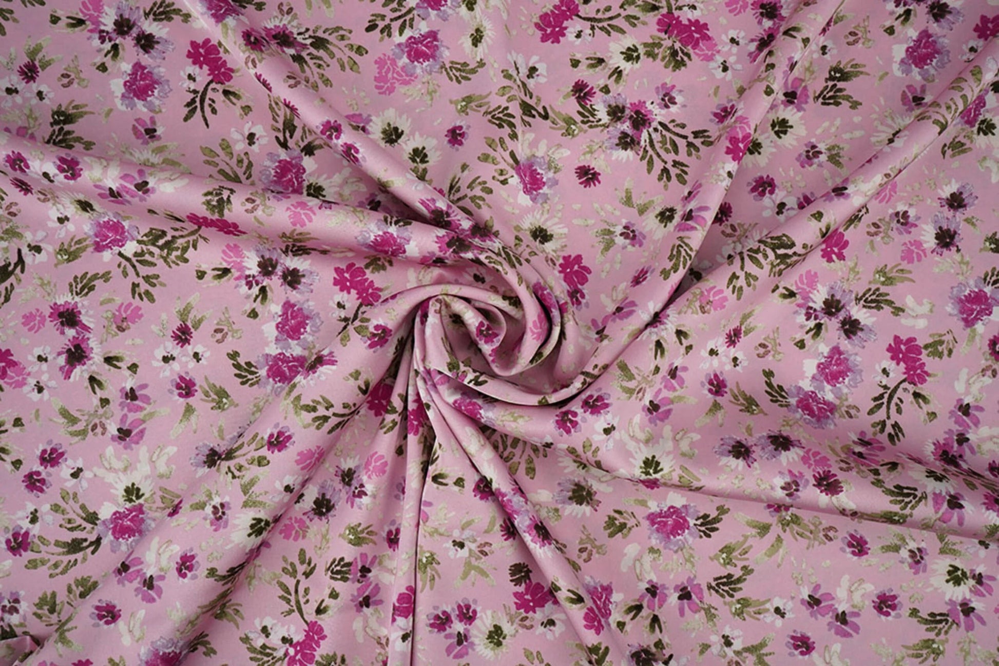 Satīns ar elastānu - ziedi uz rozā 80 g/m²