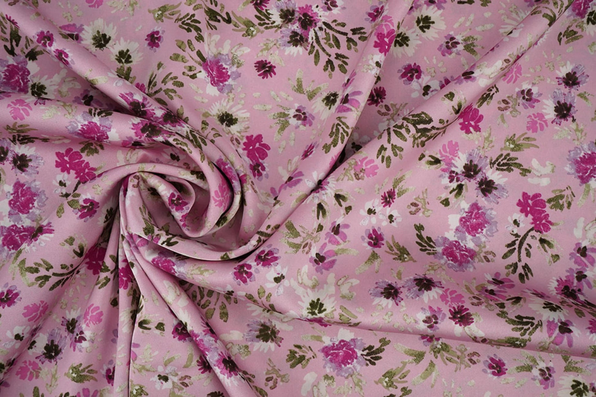 Satīns ar elastānu - ziedi uz rozā 80 g/m²