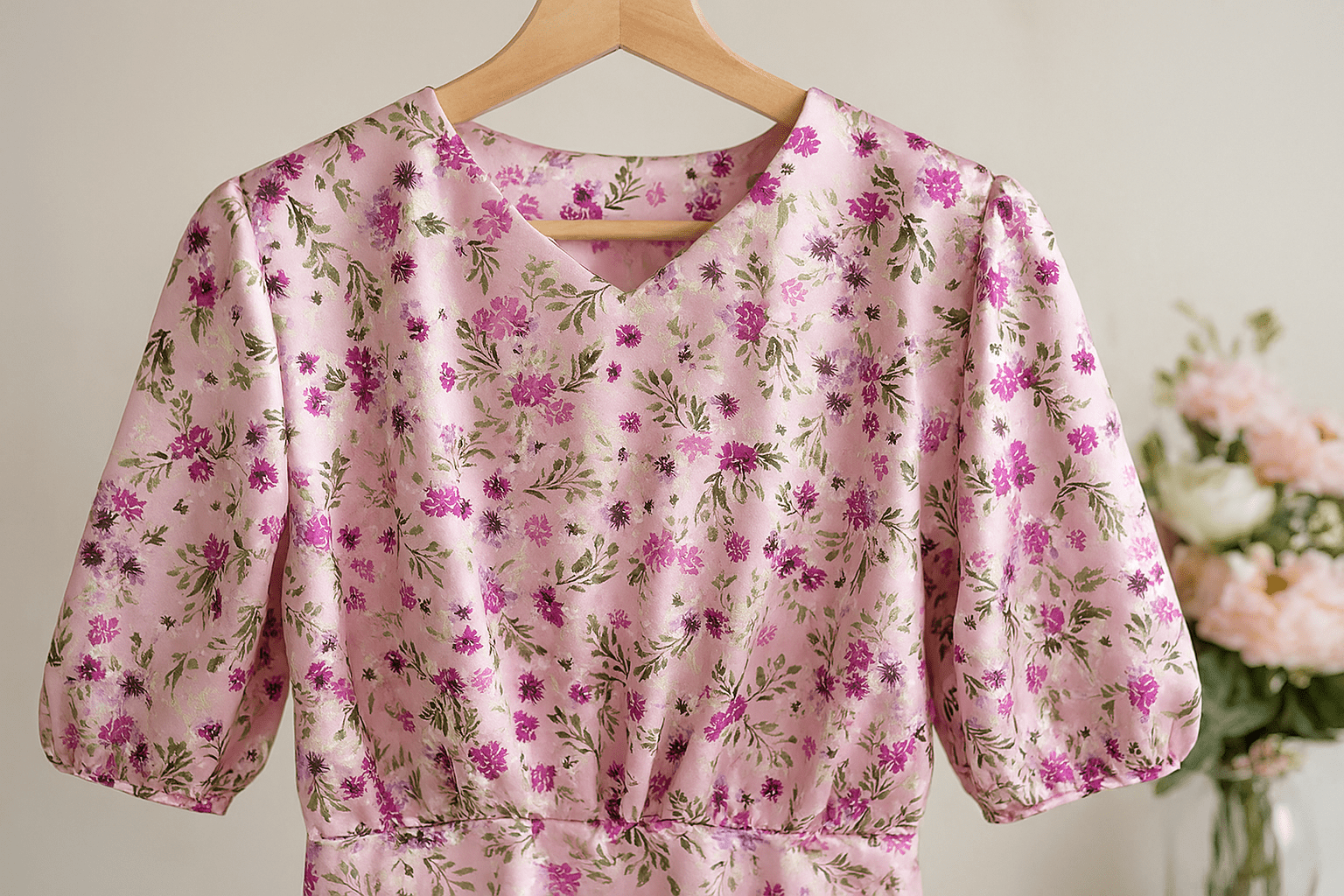 Satīns ar elastānu - ziedi uz rozā 80 g/m²