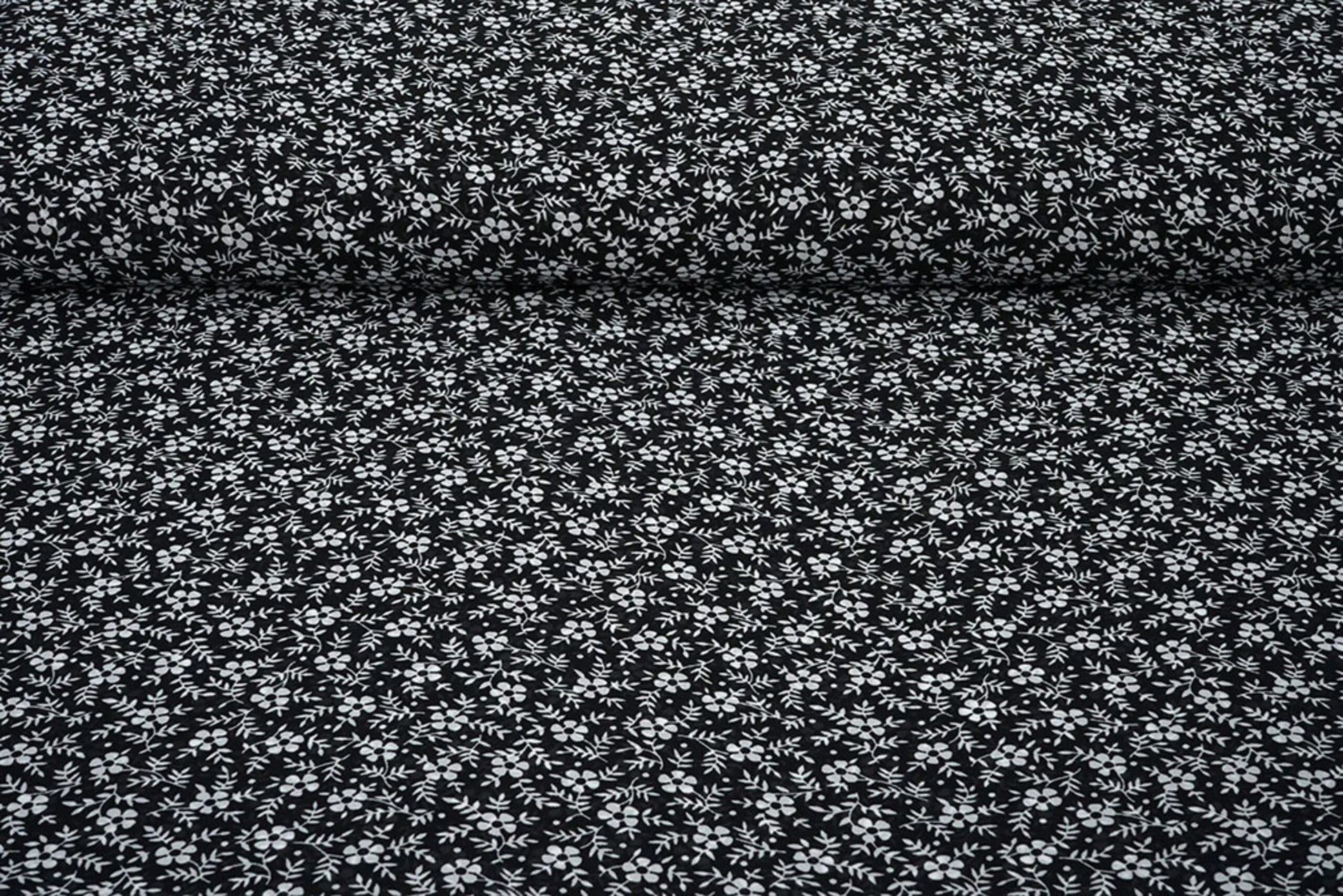 Šifons - balti ziediņu uz melna fona | 150 cm | 65 g/m²