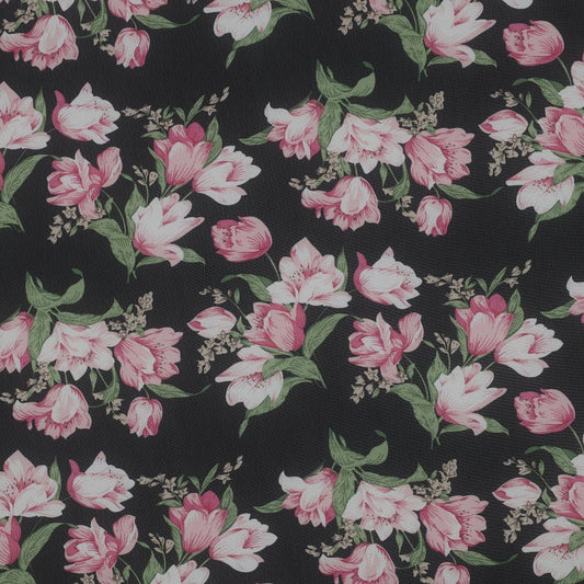 Šifons - rozā tulpes un neaizmirstulītes | 150 cm | 80 g/m²
