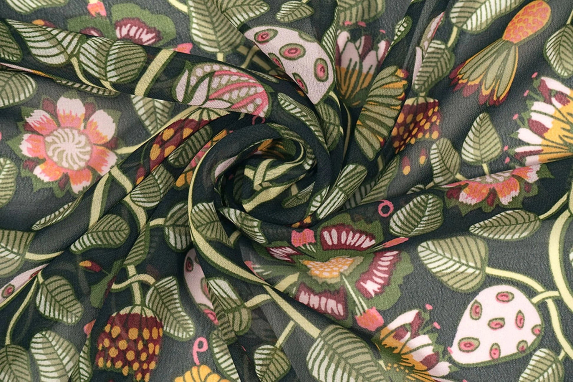 Attēls ar Šifons - ziedi ar zaļām stīgām| 150 cm | 65 g/m² – pieejams Šarlotes audumi