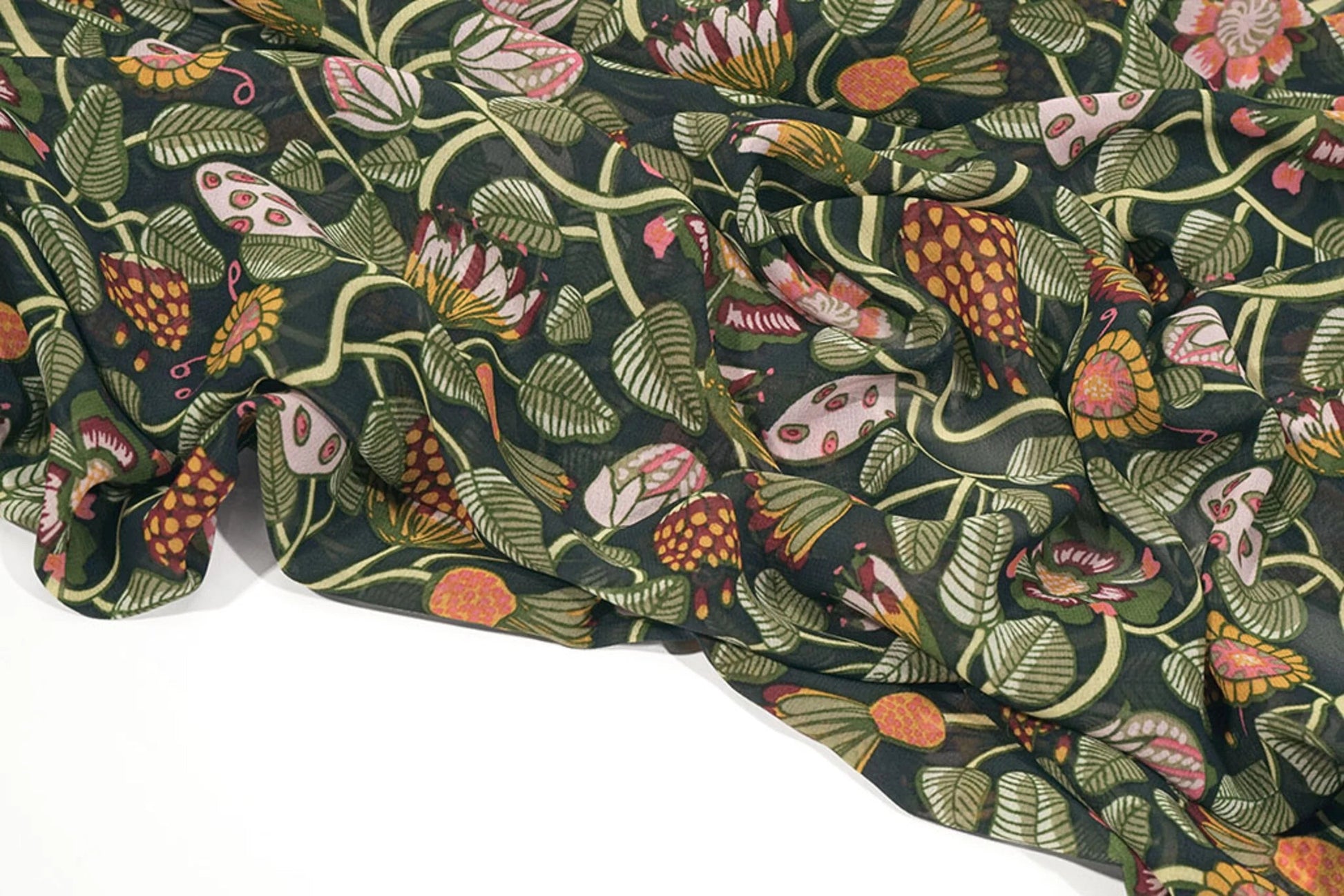 Attēls ar Šifons - ziedi ar zaļām stīgām| 150 cm | 65 g/m² – pieejams Šarlotes audumi