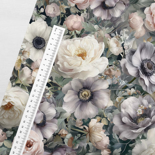 Puuvillane silmustrikotaaž – hõbedaselt udune lilleaed 250 g/m²