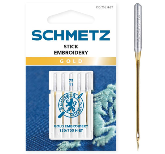 Attēls ar Šujmašīnu adatas izšūšanai SCHMETZ EMBROIDERY GOLD NEEDLES - Nr.75 (5gab.) – pieejams Šarlotes audumi
