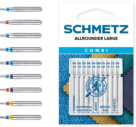 Šujmašīnu adatu komplekts SCHMETZ COMBI 10 TOPSTITCH/UNIVERSAL/JEANS/MICROTEX/STRETCH (10gab.)