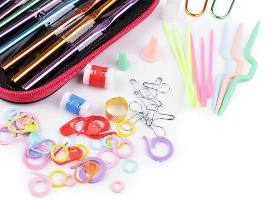 Tamborēšanas komplekts ar metāla tamboradatām un aksesuāriem | Rozā maciņā | 99 gab.