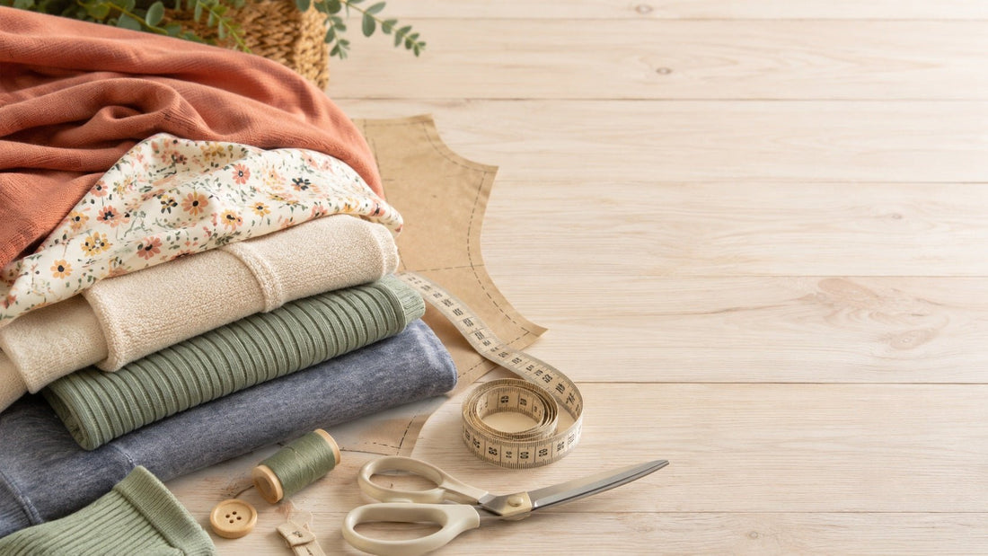Tissus en maille pour coudre des vêtements sur une table en bois clair