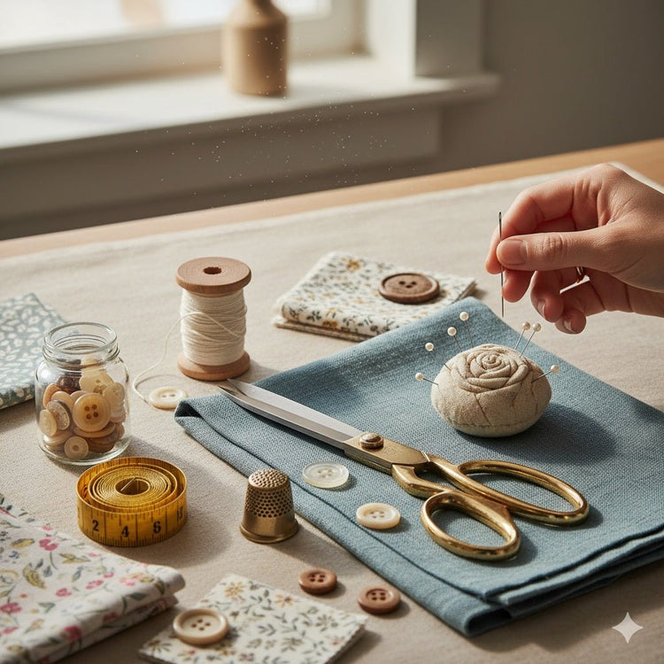 Sewing supplies store with needles, thread, scissors, and sewing accessories