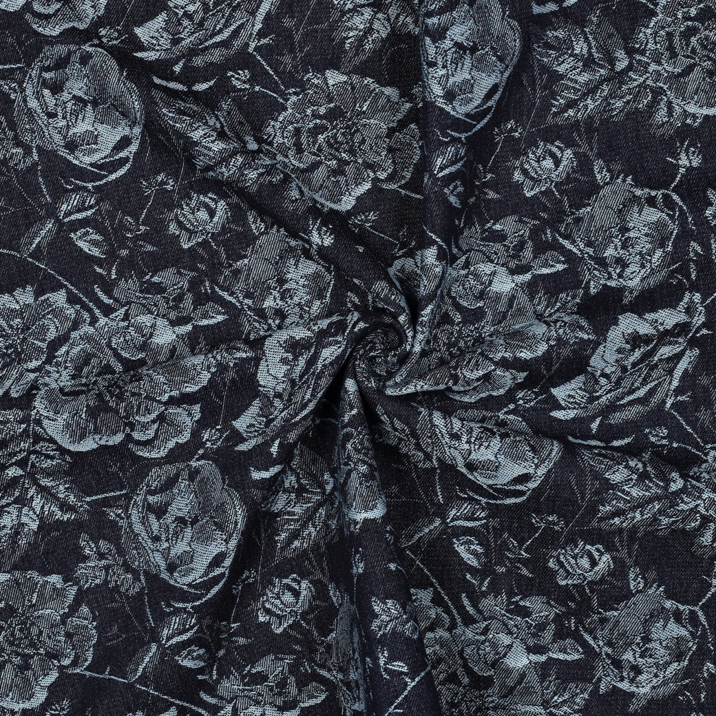 Denim jacquard fabric with floral pattern, 350 g/m²