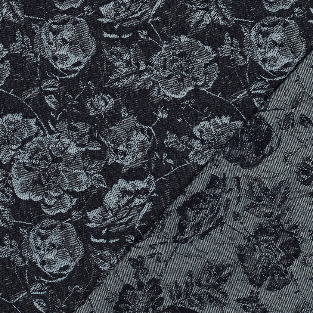 Denim jacquard fabric with floral pattern, 350 g/m²