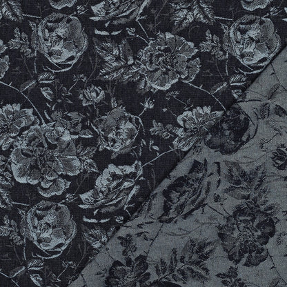 Denim jacquard fabric with floral pattern, 350 g/m²