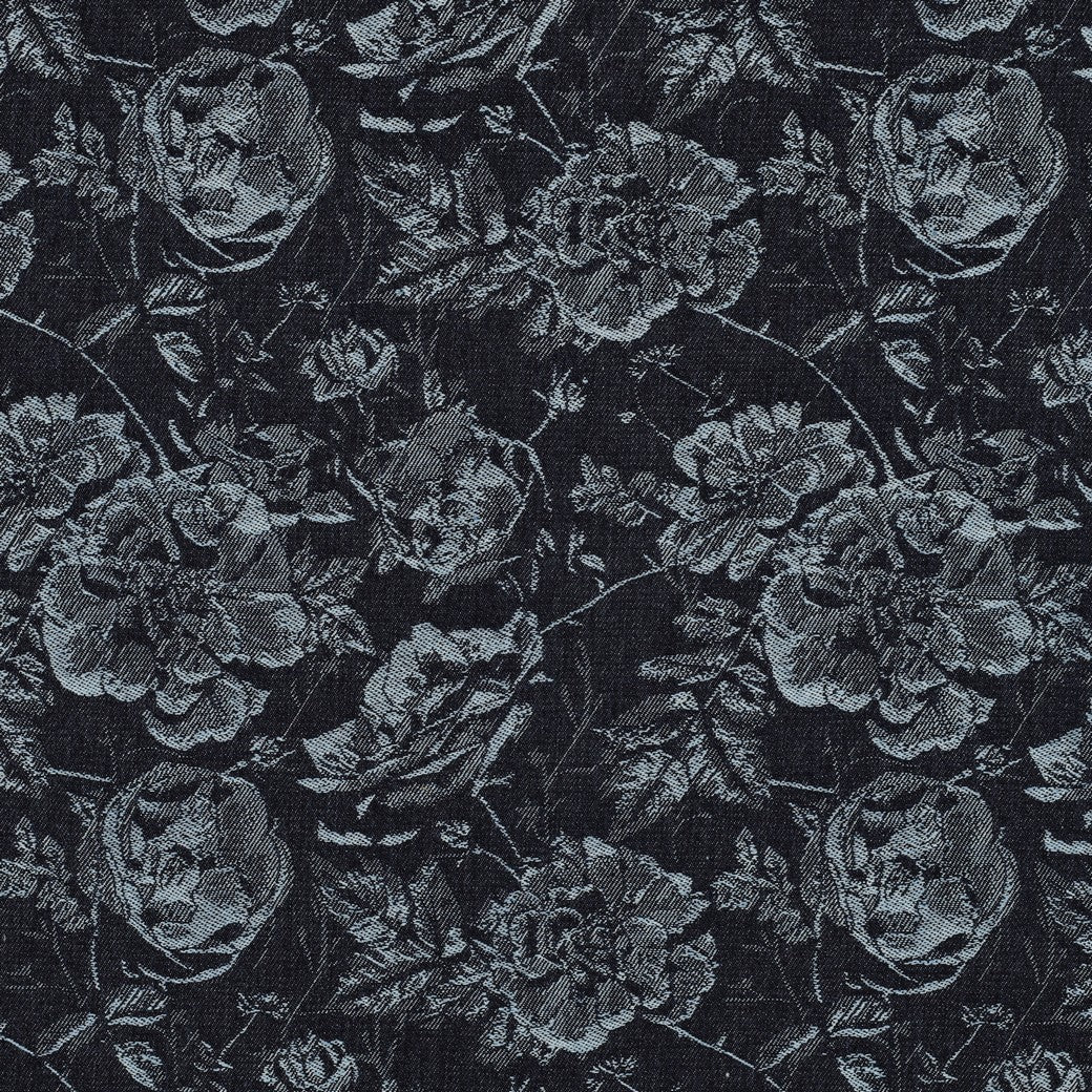 Denim jacquard fabric with floral pattern, 350 g/m²