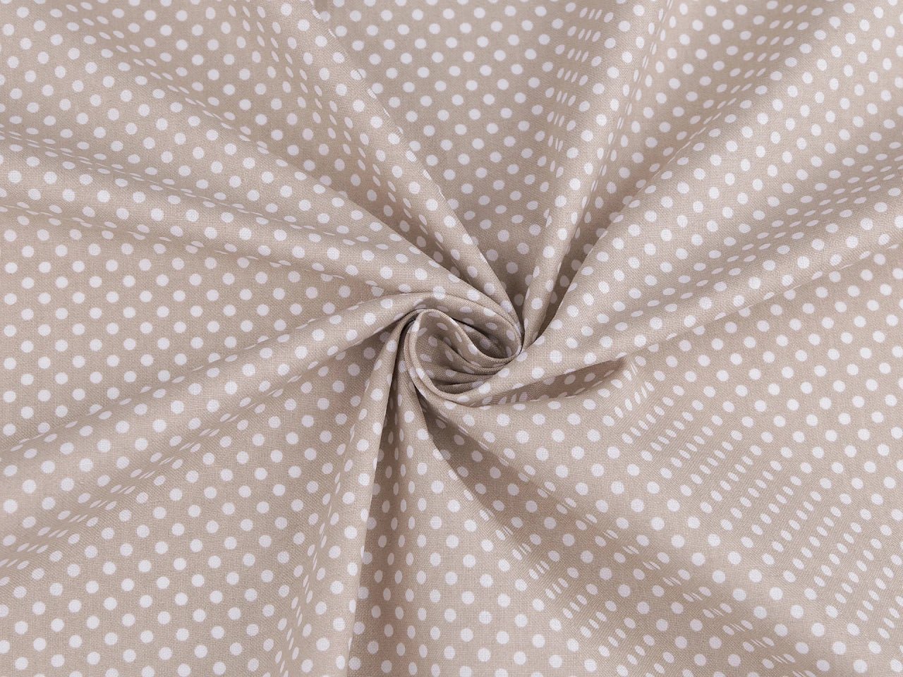 Attēls ar 100% Kokvilnas audums - baltas pumpiņas uz bēša fona (3 mm) 115 g/m² – pieejams Šarlotes audumi