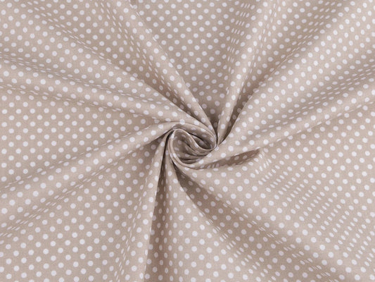 Attēls ar 100% Kokvilnas audums - baltas pumpiņas uz bēša fona (3 mm) 115 g/m² – pieejams Šarlotes audumi