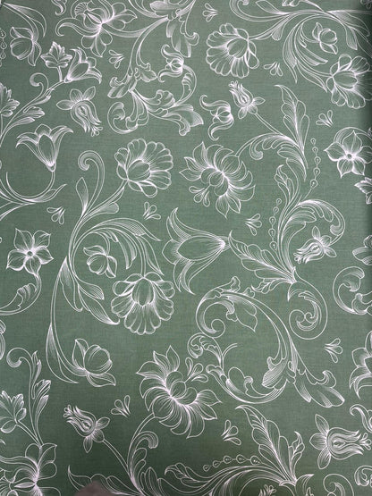 Image en tissu 100 % coton - ombres de fleurs blanches sur fond vert 125 g/m² – disponible chez Šarlotes audumi