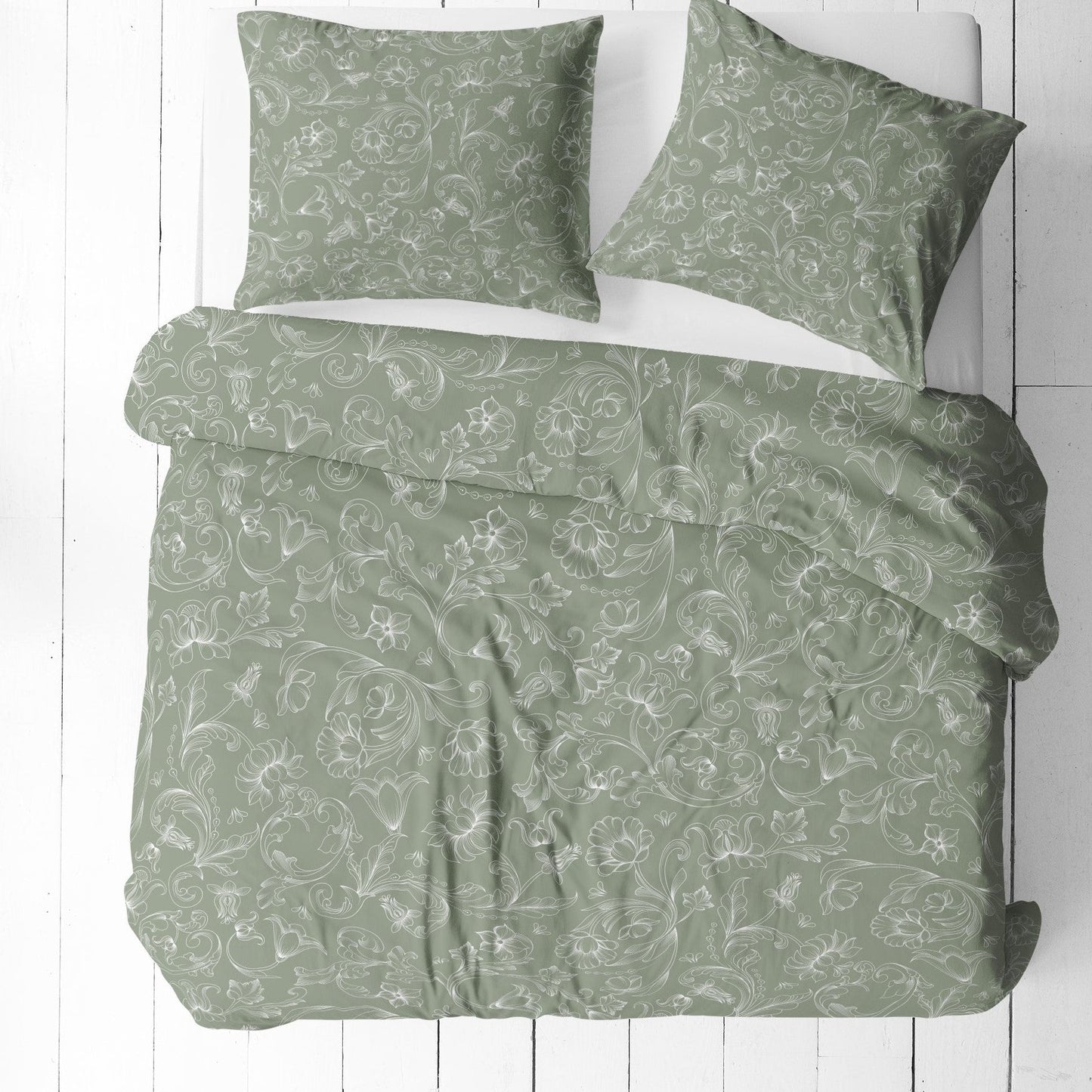 Attēls ar 100% Kokvilnas audums - baltas ziedu ēnas uz zaļa 125 g/m² – pieejams Šarlotes audumi