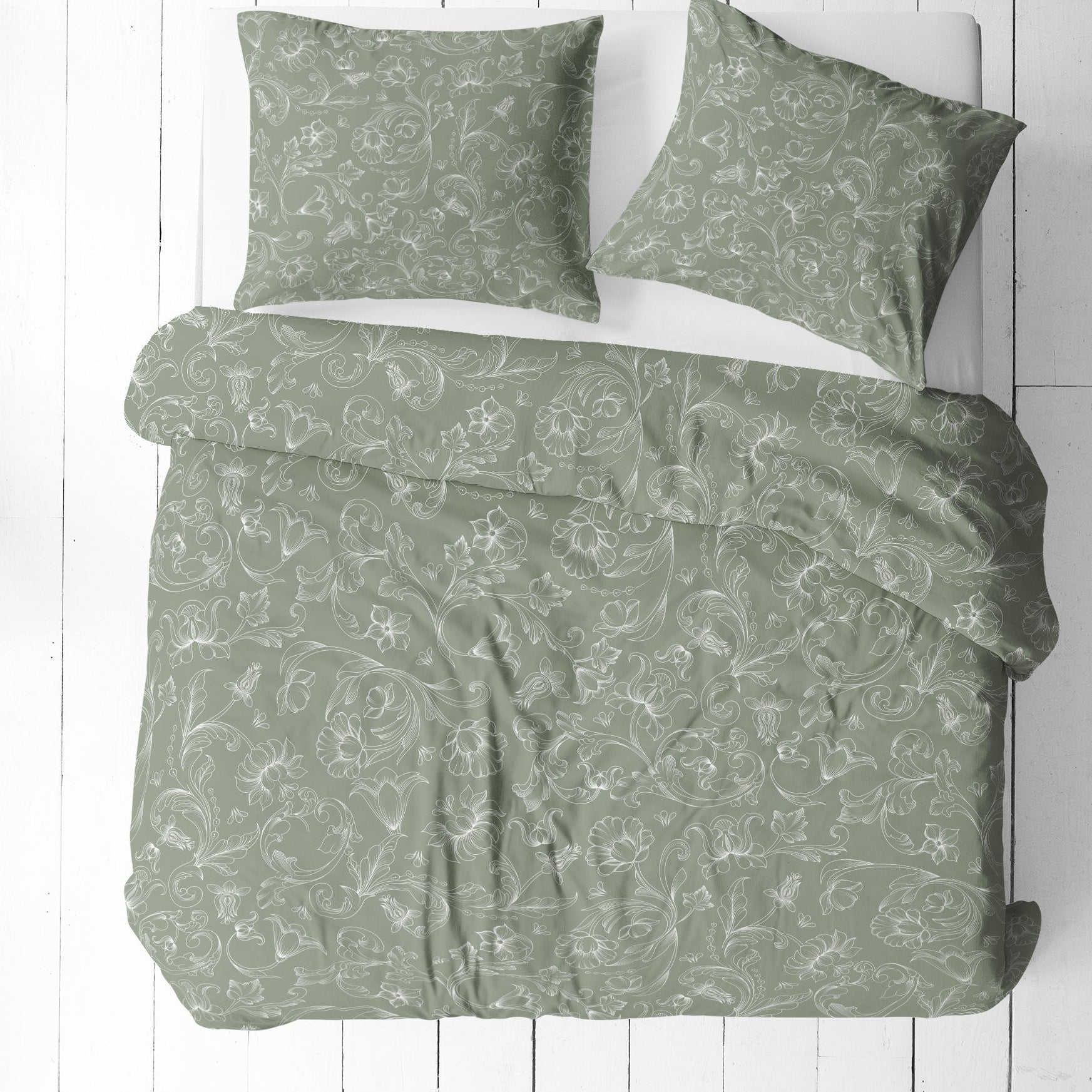 Attēls ar 100% Kokvilnas audums - baltas ziedu ēnas uz zaļa 125 g/m² – pieejams Šarlotes audumi