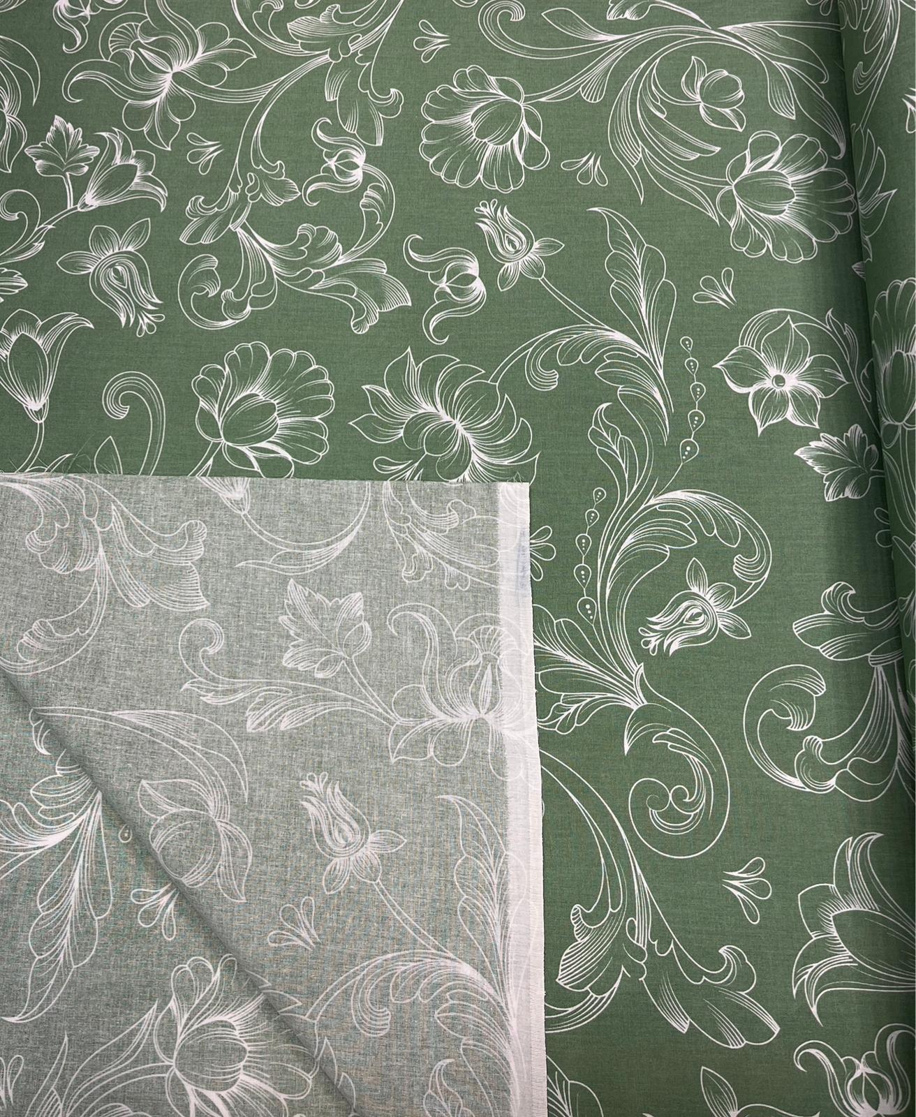 Attēls ar 100% Kokvilnas audums - baltas ziedu ēnas uz zaļa 125 g/m² – pieejams Šarlotes audumi