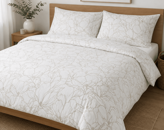 Image with 100% cotton fabric - beige floral pattern on a white background 130 g/m² – available at Šarlotes audumi