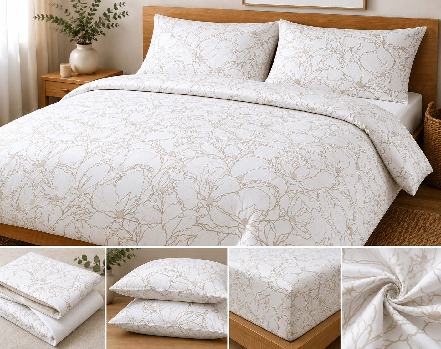 Image en tissu 100 % coton - motif floral beige sur fond blanc 130 g/m² – disponible chez Charlotte's fabrics