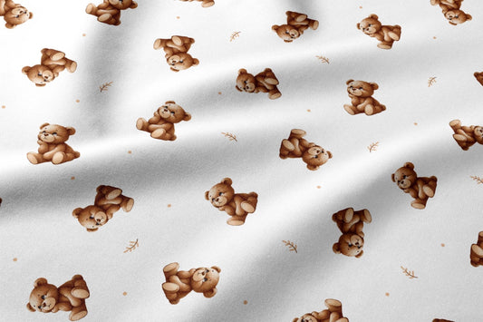 Attēls ar 100% Kokvilnas audums - lācīši uz balta fona 125 g/m – pieejams Šarlotes audumi