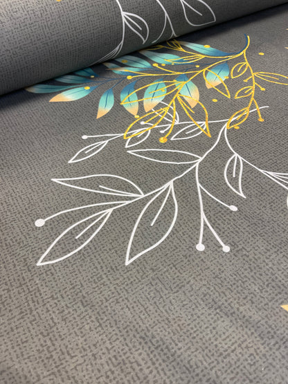 100% Kokvilnas audums - lapas uz pelēka fona 220cm 146 g/m²
